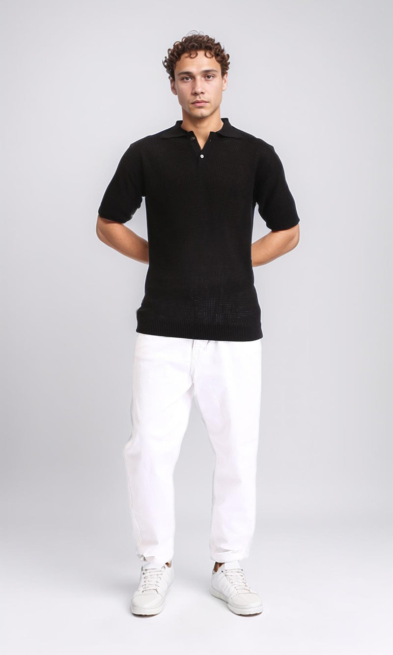 R207107 - Short Sleeves Perforated Polo Shirt - Black