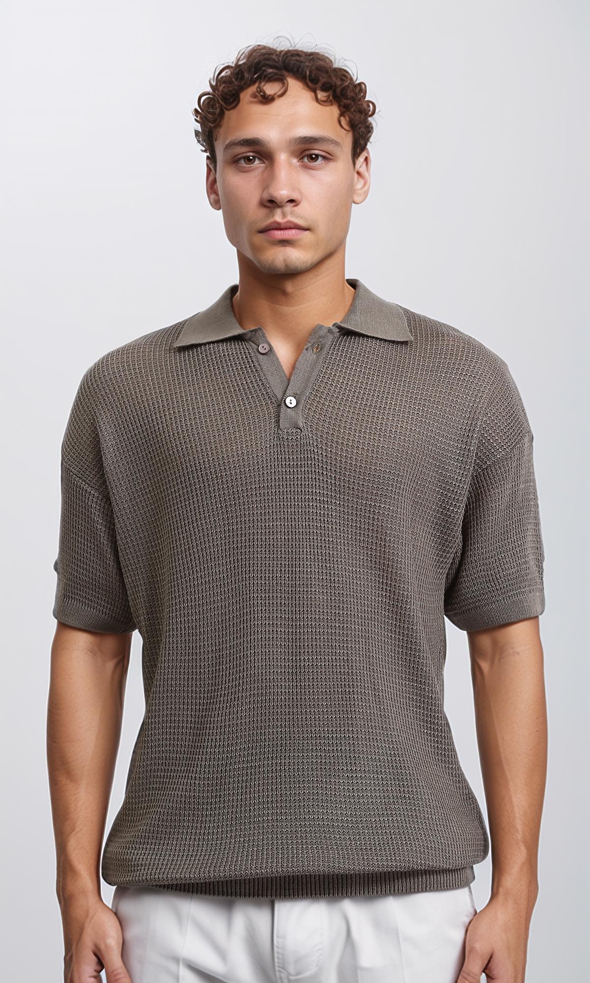Short Sleeves Perforated Polo Shirt - Greyish Olive