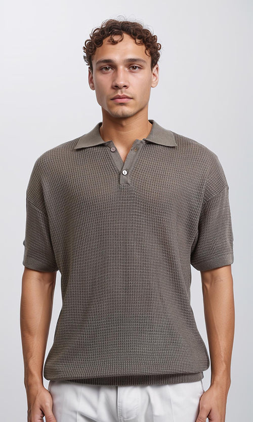 R207108 - Short Sleeves Perforated Polo Shirt - Greyish Olive