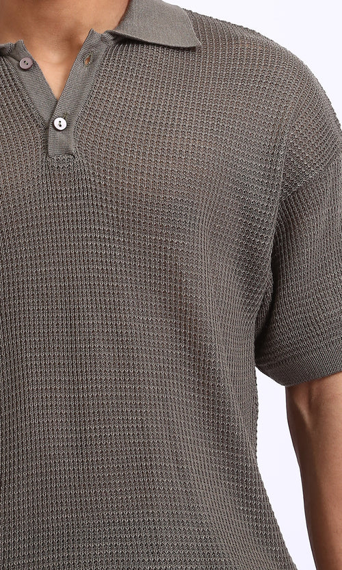 R207108 - Short Sleeves Perforated Polo Shirt - Greyish Olive