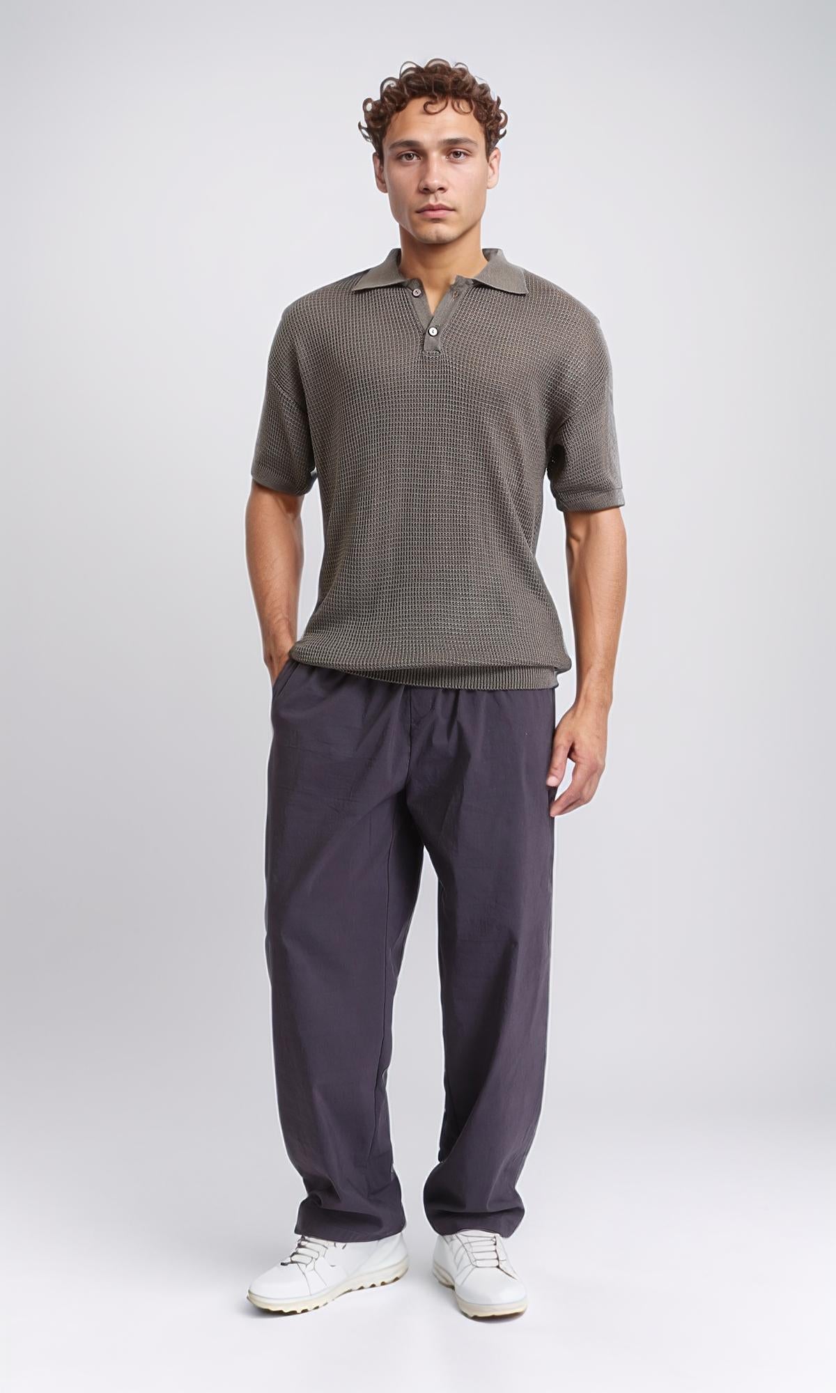 R207108 - Short Sleeves Perforated Polo Shirt - Greyish Olive