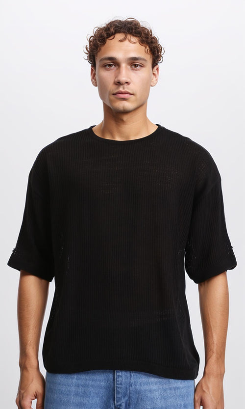 R207111 - Slip On Crew Neck Perforated Tee - Black