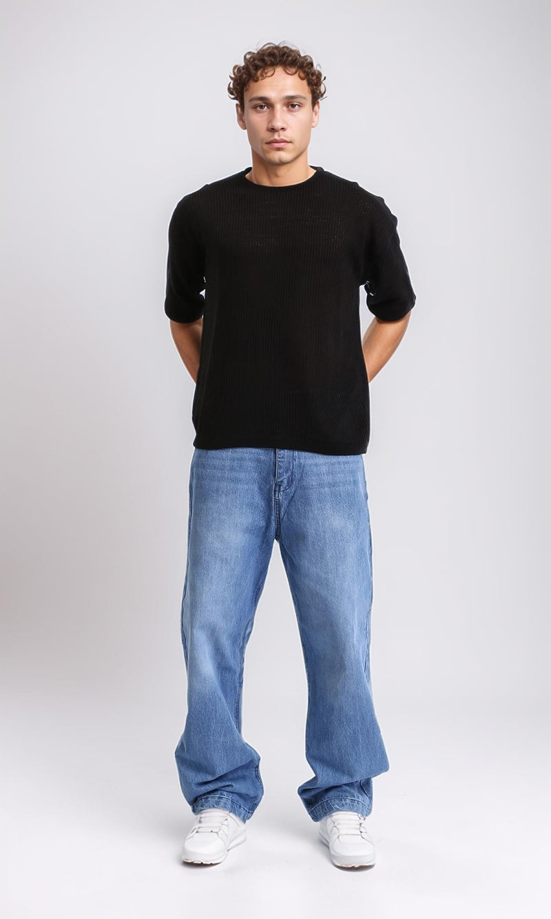 R207111 - Slip On Crew Neck Perforated Tee - Black