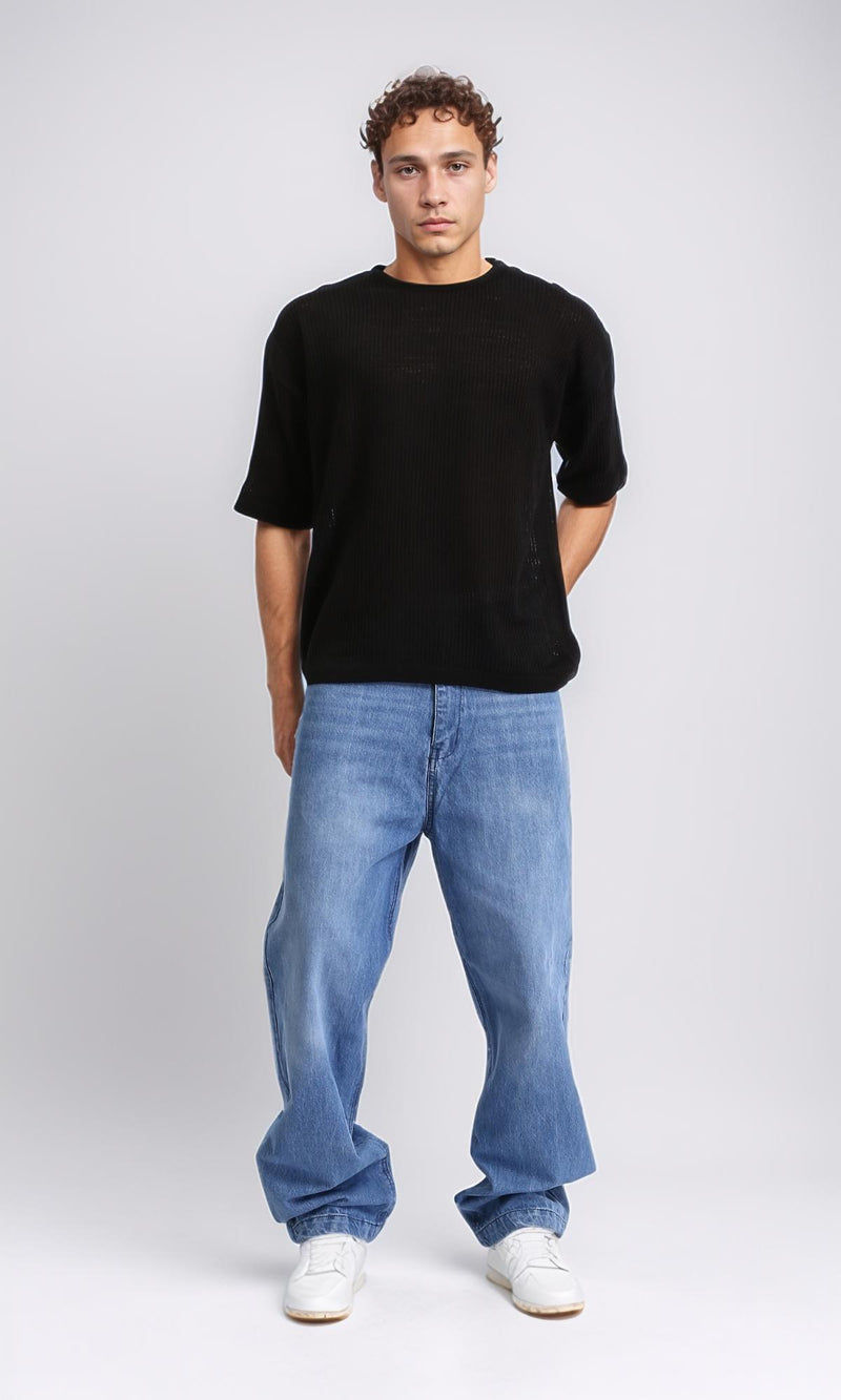 R207111 - Slip On Crew Neck Perforated Tee - Black