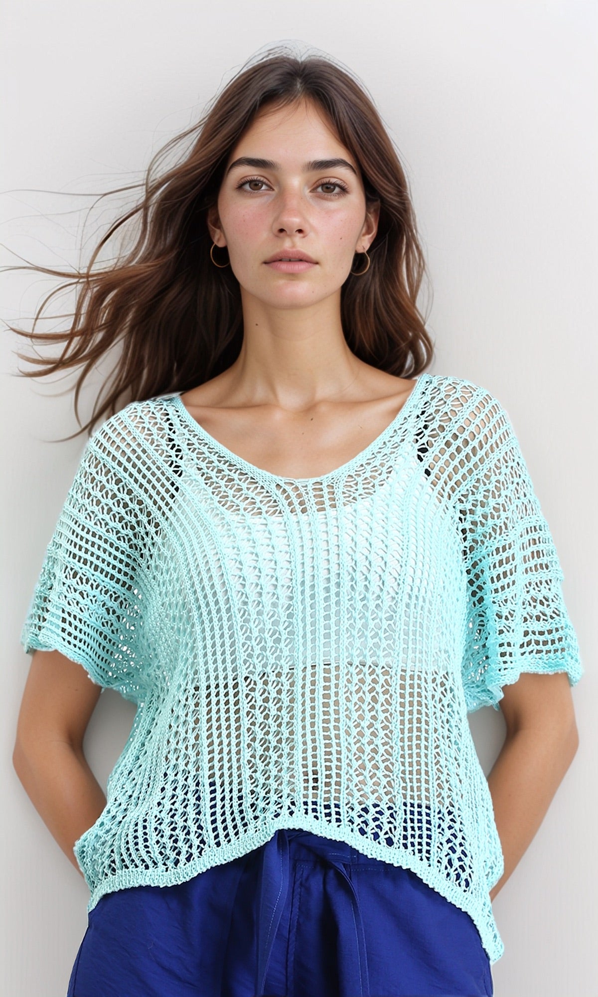 Drop Shoulders Perforated Knitted Top - Aqua