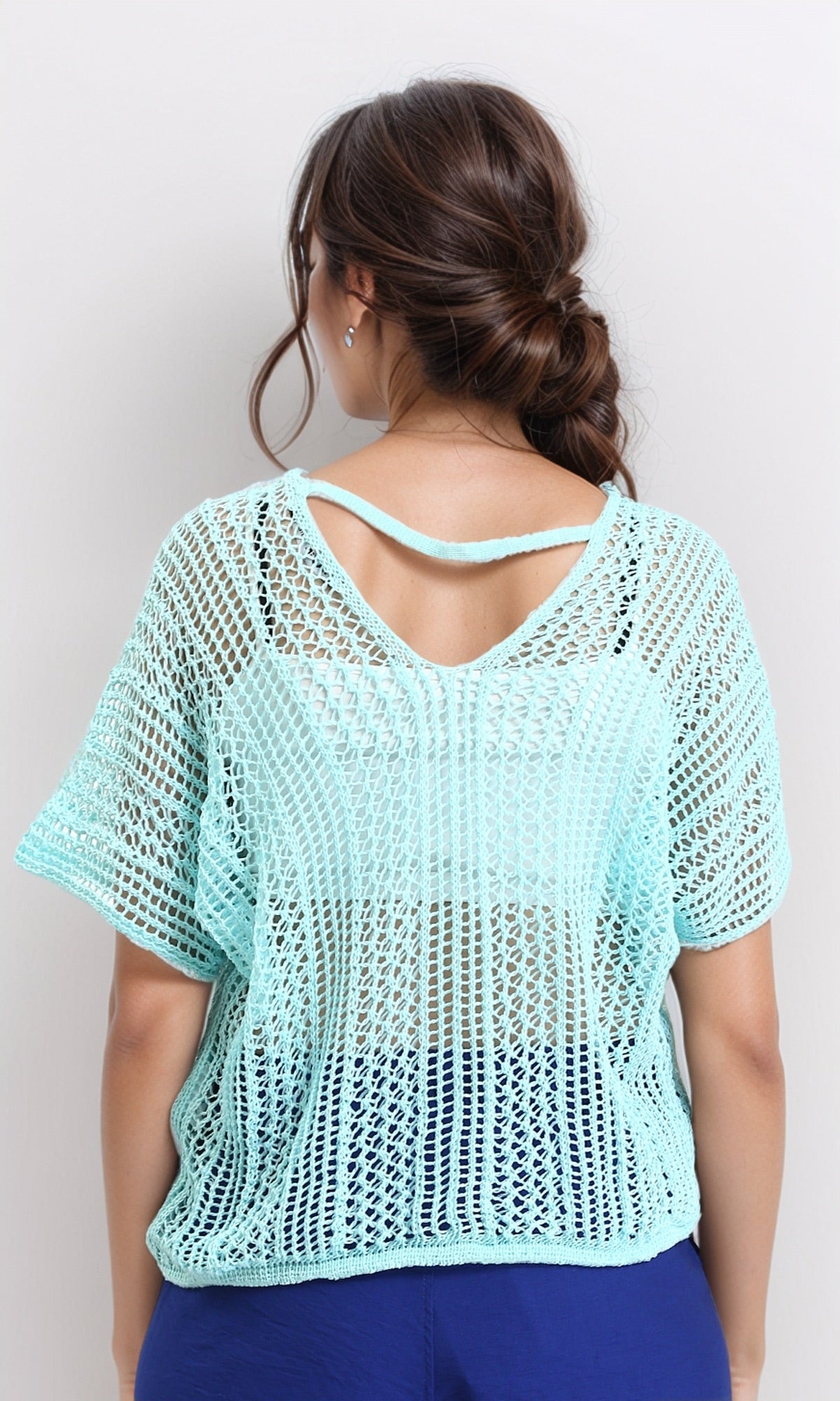 R207114 - Drop Shoulders Perforated Knitted Top - Aqua