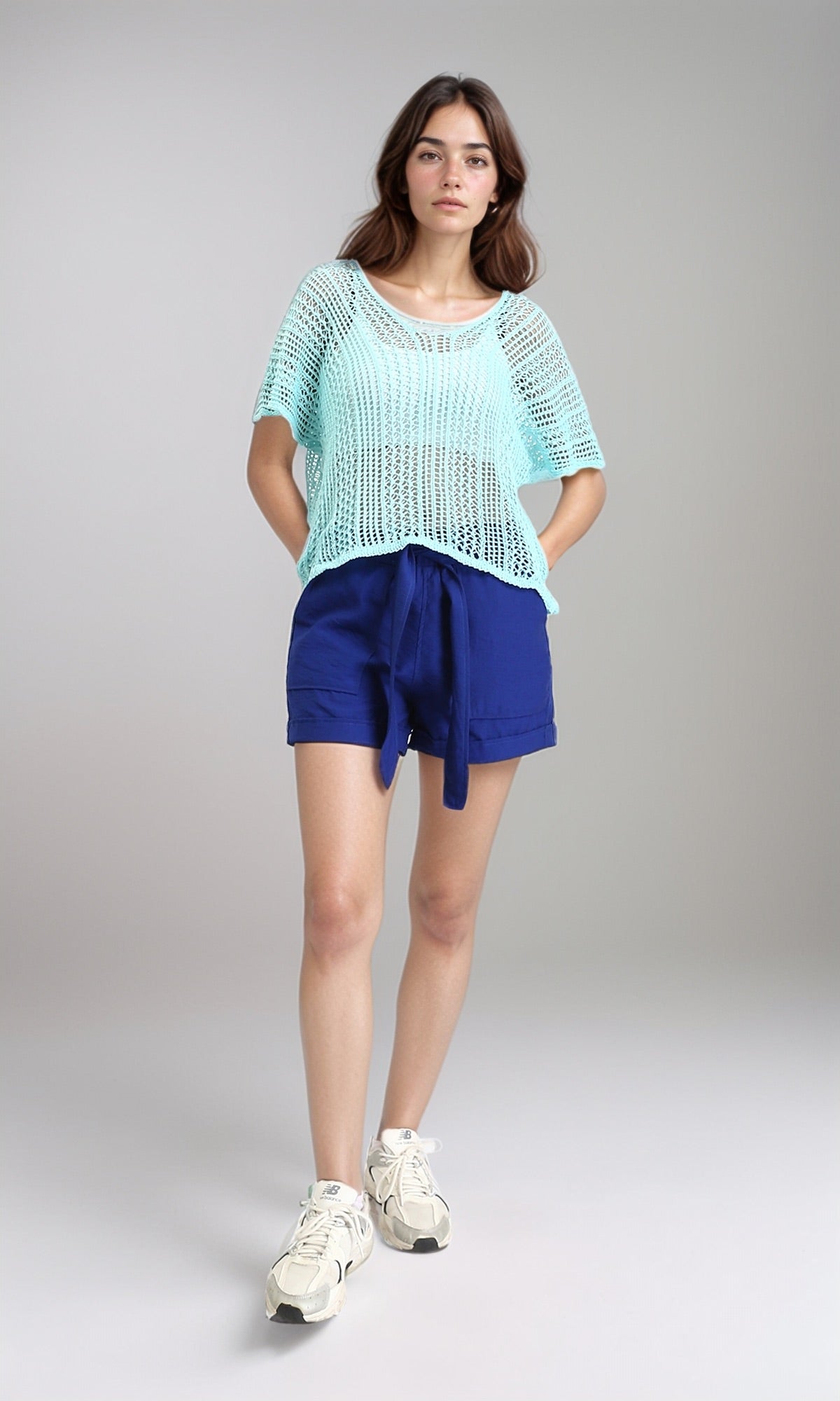 R207114 - Drop Shoulders Perforated Knitted Top - Aqua