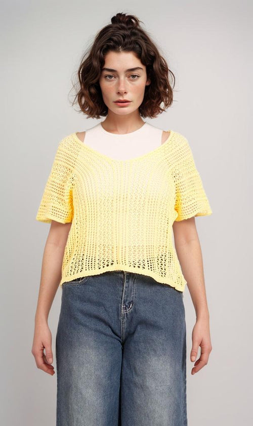 Open Knit Crop Top - Yellow