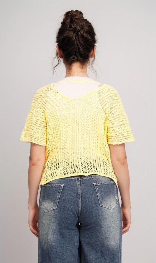 R207115-R207115 - Open Knit Crop Top - Yellow