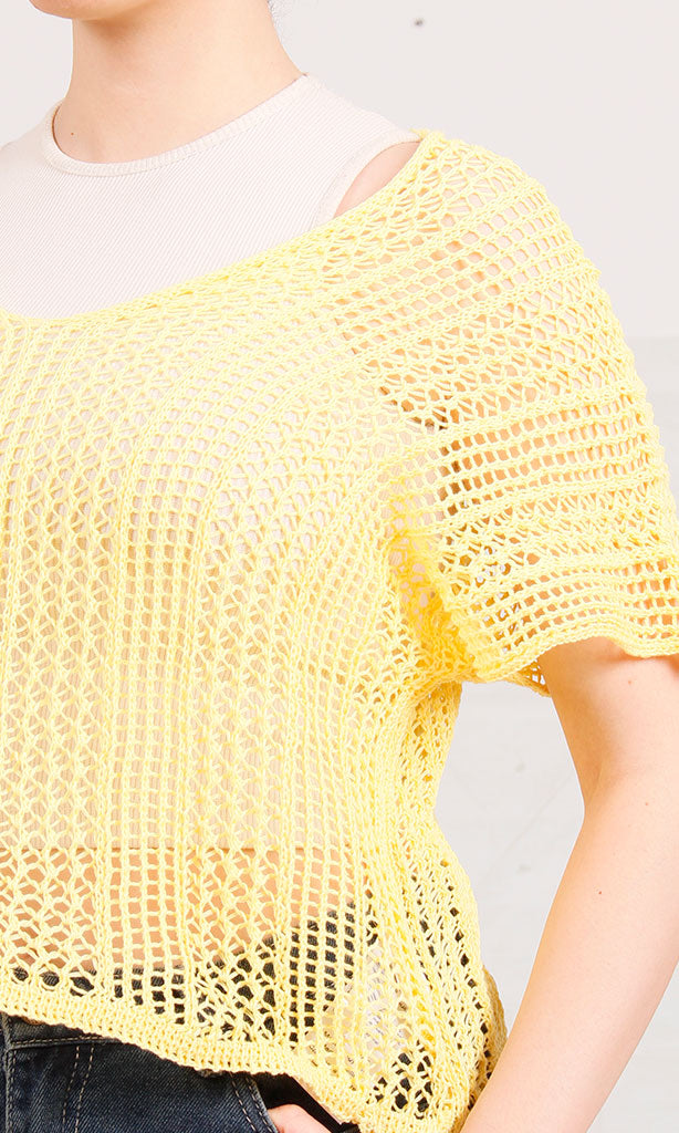 R207115-R207115 - Open Knit Crop Top - Yellow