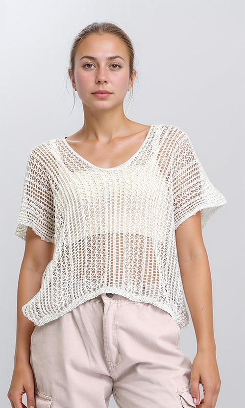 Open Knit Cropped Sweater - Cream