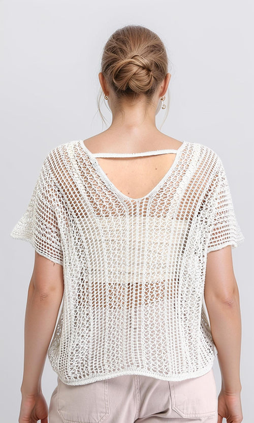 R207117-R207117 - Open Knit Cropped Sweater - Cream