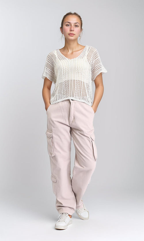 R207117-R207117 - Open Knit Cropped Sweater - Cream