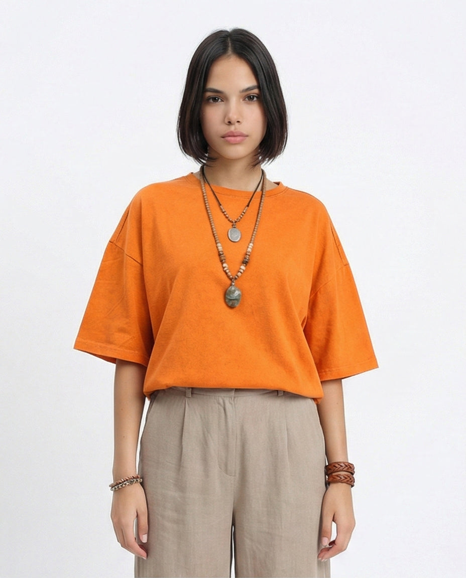 Crew Neck Solid Slip On Tee - Orange