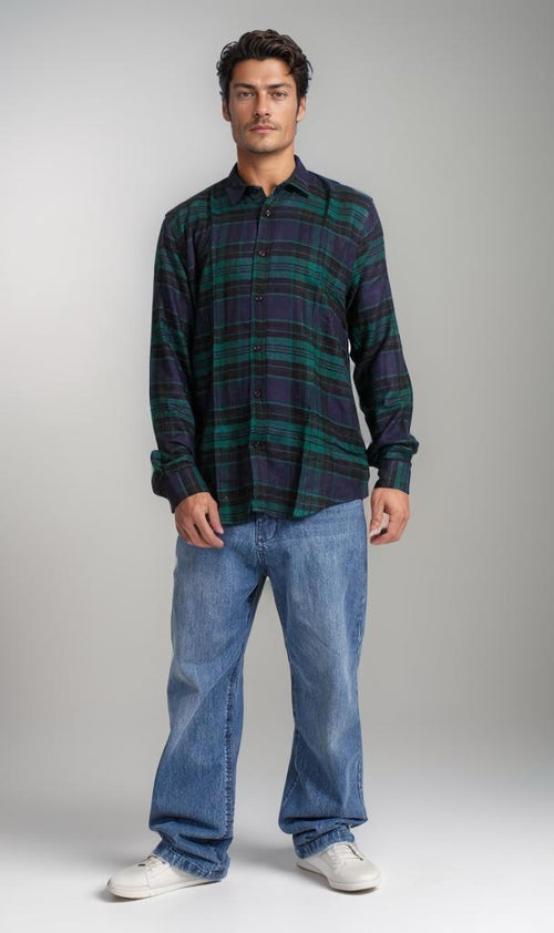 R207222 - Rayon Checked Shirt - Green & Navy