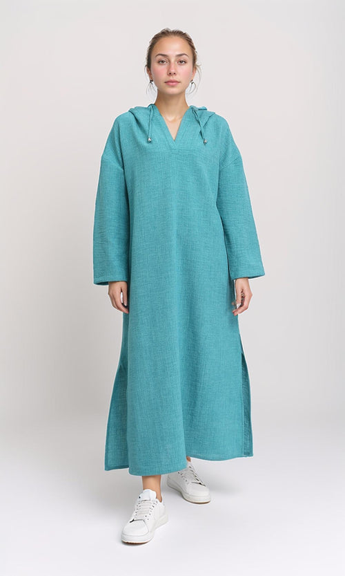 R207232 - Hooded V-Neck Dress with Slits - Light Teal