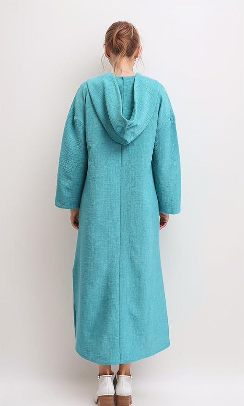 R207232 - Hooded V-Neck Dress with Slits - Light Teal