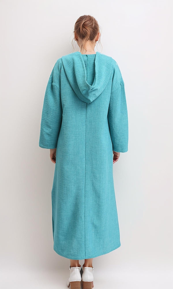 R207232 - Hooded V-Neck Dress with Slits - Light Teal