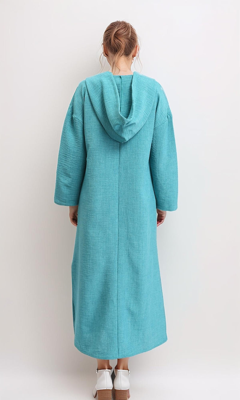 R207232 - Hooded V-Neck Dress with Slits - Light Teal