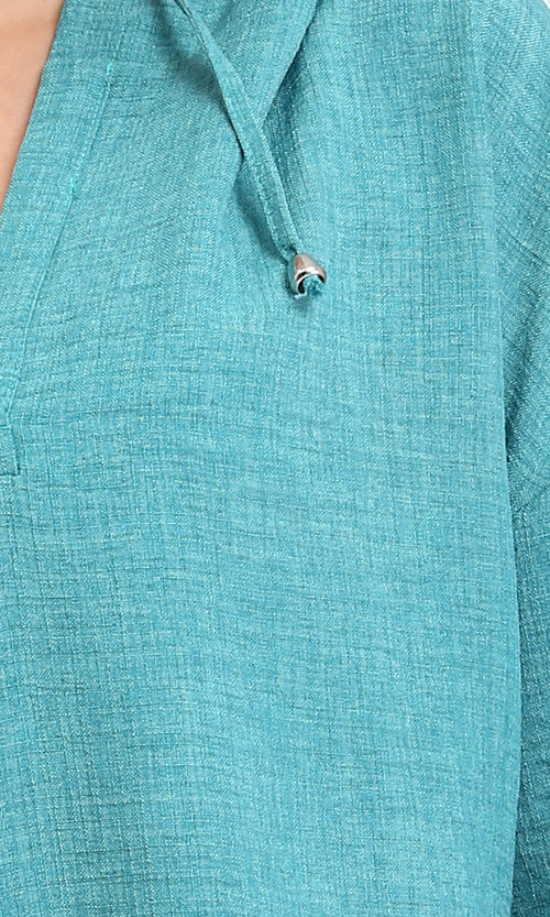 R207232 - Hooded V-Neck Dress with Slits - Light Teal