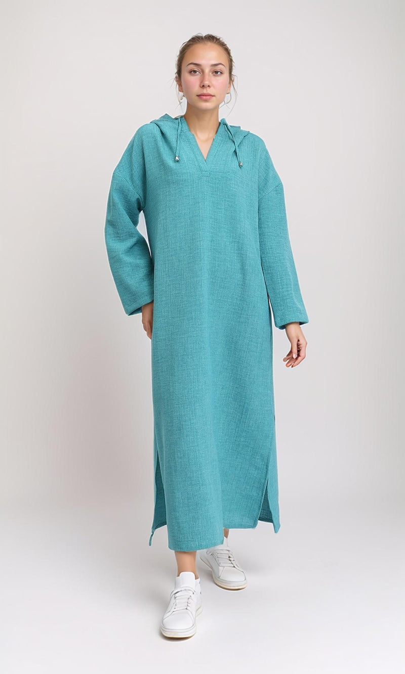 R207232 - Hooded V-Neck Dress with Slits - Light Teal