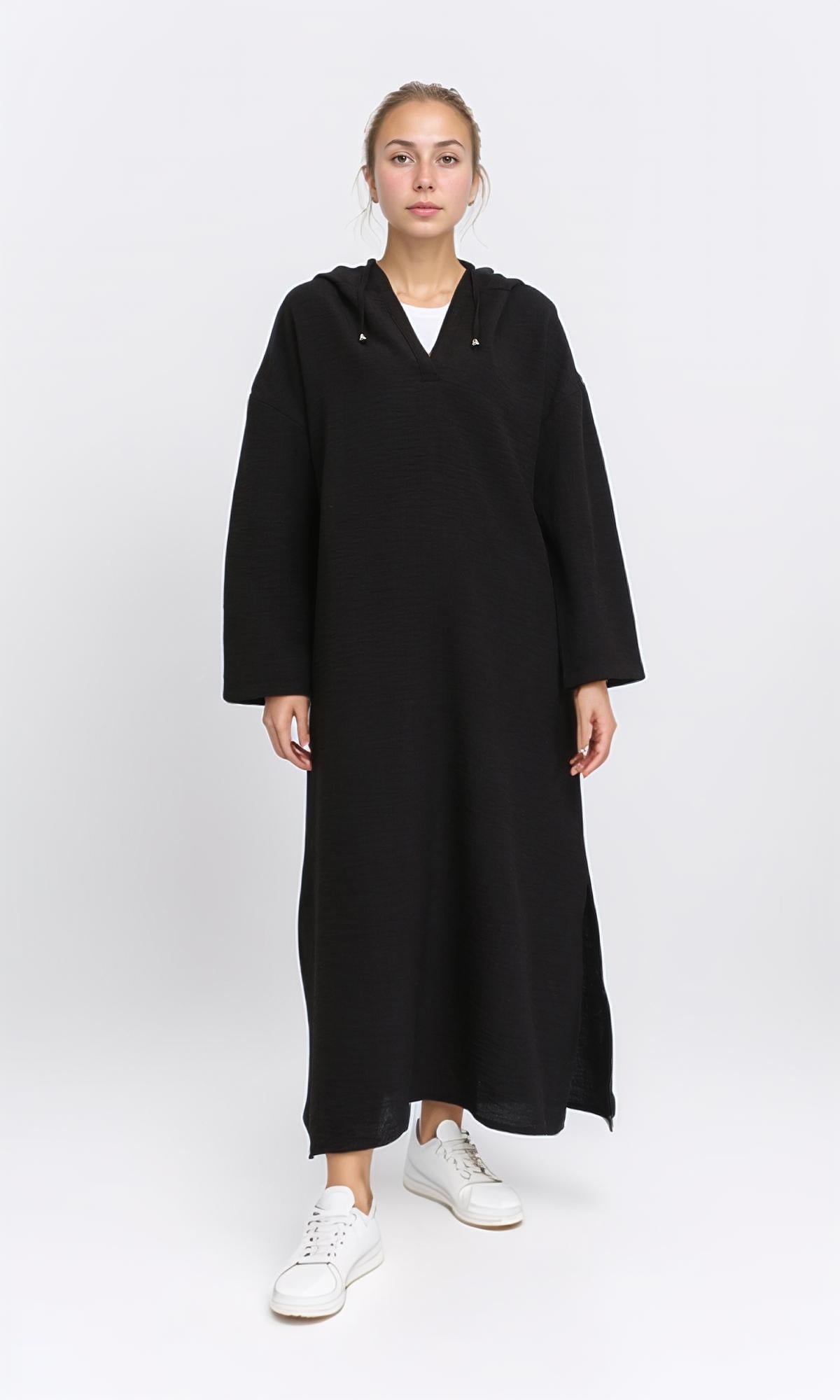 Hooded V-Neck Dress with Slits - Black