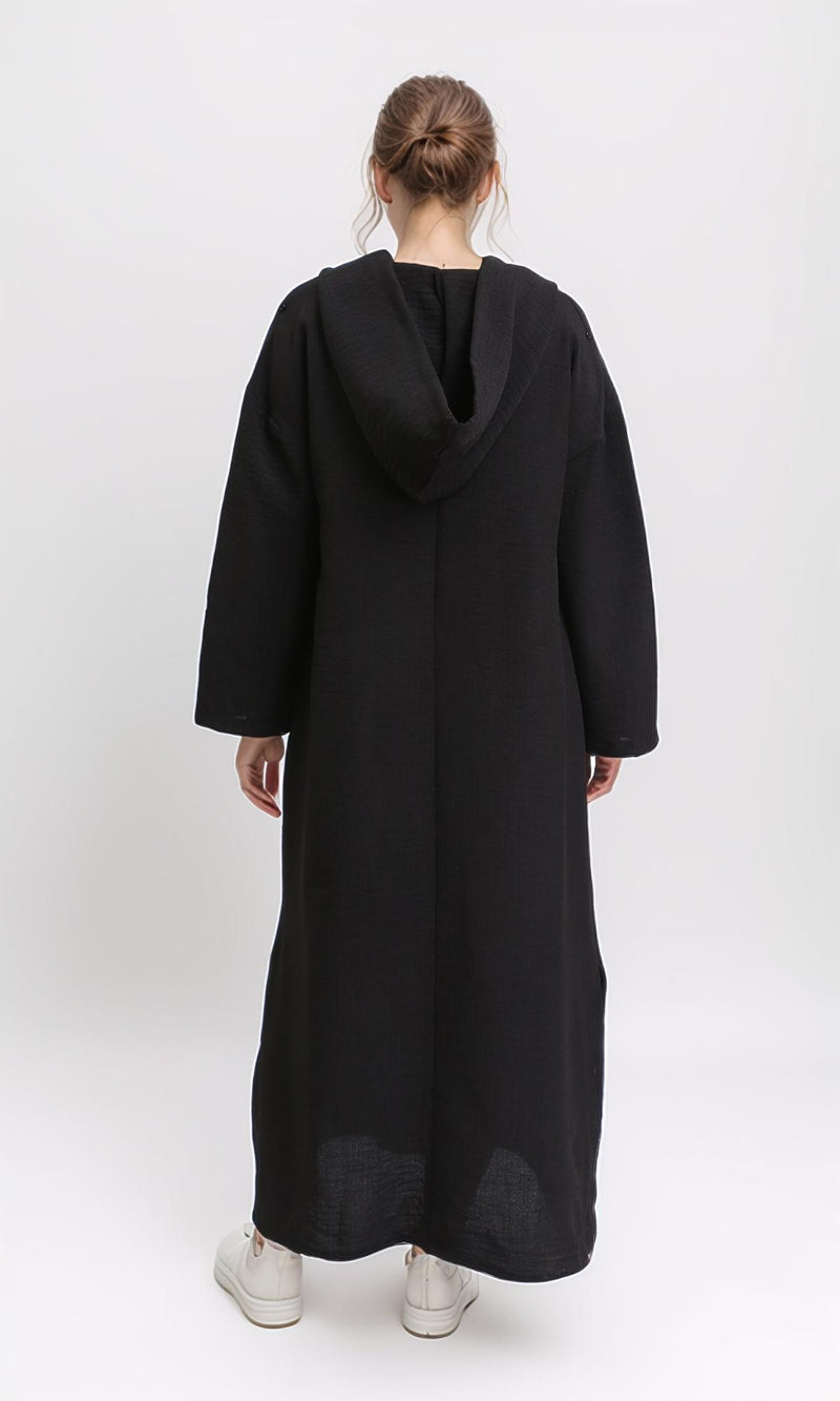R207236 - Hooded V-Neck Dress with Slits - Black
