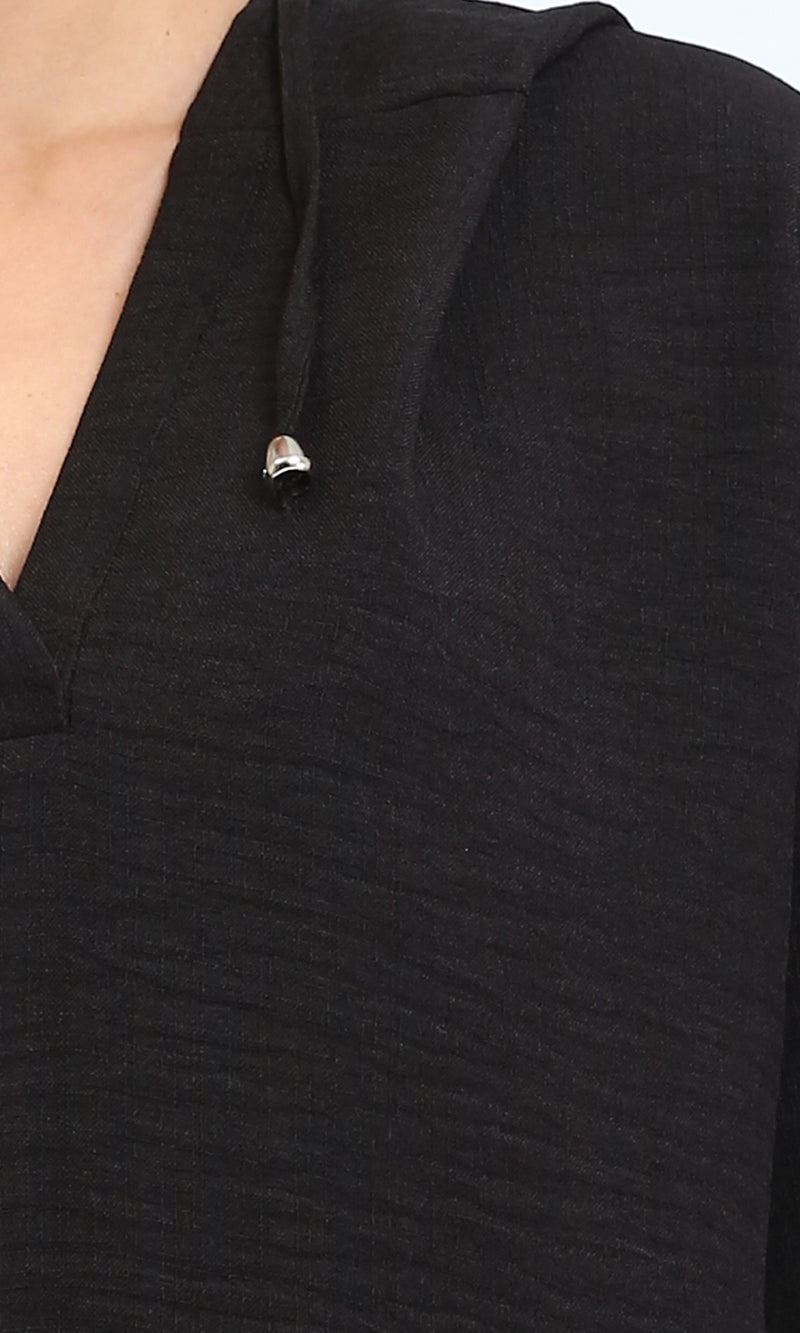 R207236 - Hooded V-Neck Dress with Slits - Black