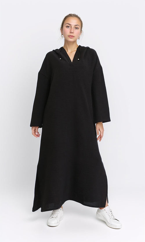 R207236 - Hooded V-Neck Dress with Slits - Black