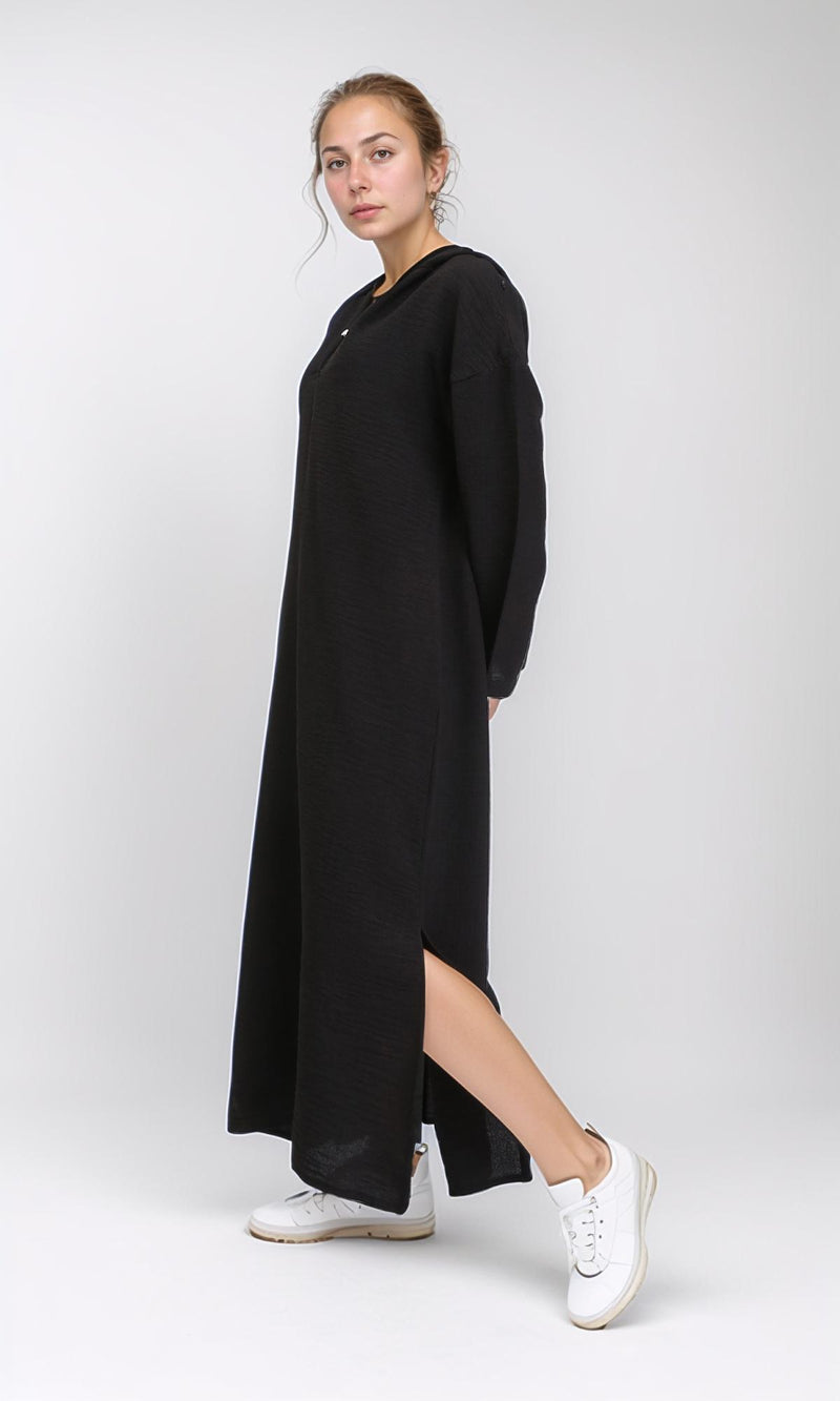 R207236 - Hooded V-Neck Dress with Slits - Black