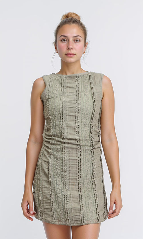 R207240 - Textured Sleeveless Feminine Dress - Olive