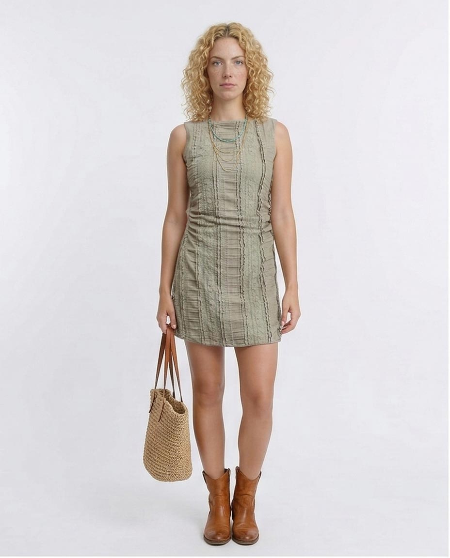 Textured Lace-Panel Sleeveless Mini Dress - Olive