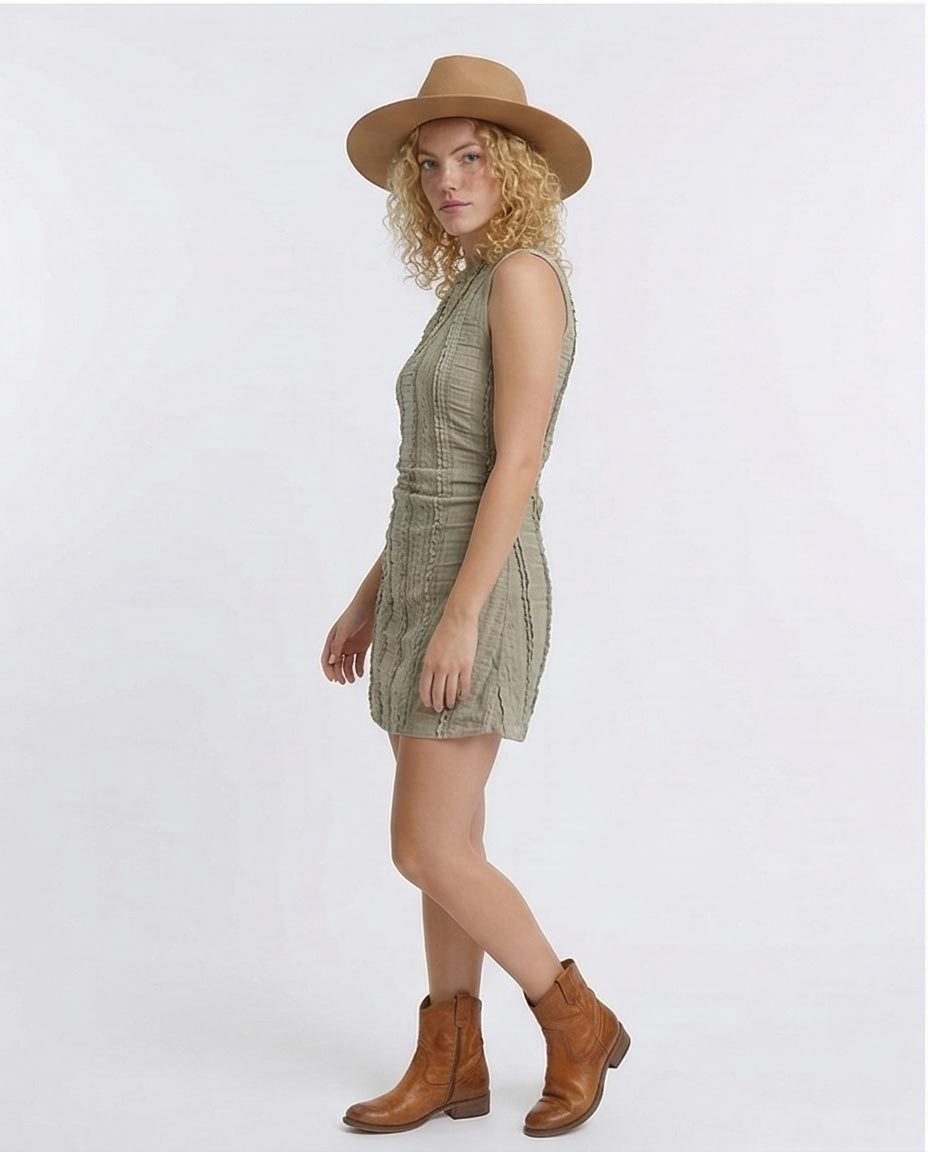 Ravin | Textured Lace-Panel Sleeveless Mini Dress – Olive - R207240