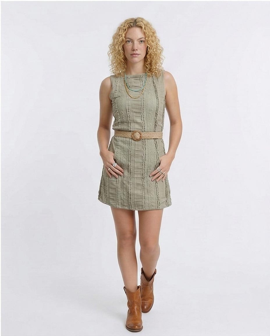 Ravin | Textured Lace-Panel Sleeveless Mini Dress – Olive - R207240
