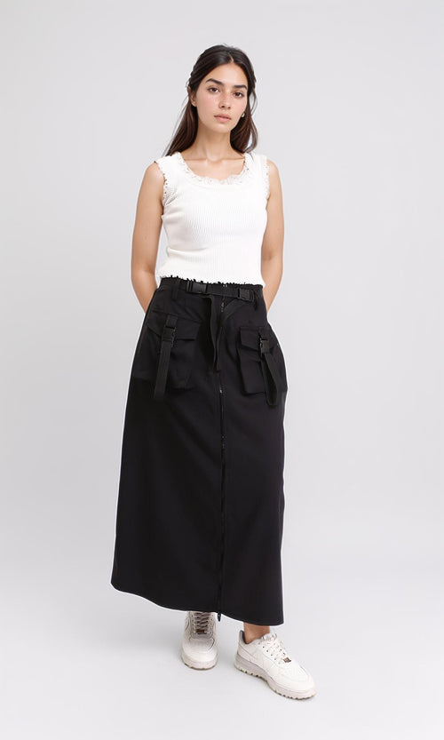 R207243 - Zipped Skirt with Front Pockets - Black