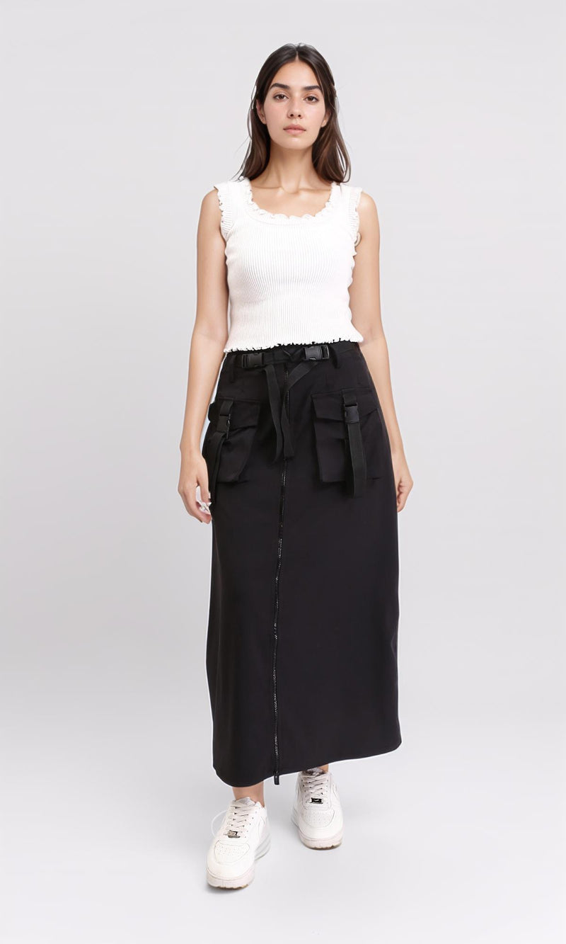 R207243 - Zipped Skirt with Front Pockets - Black