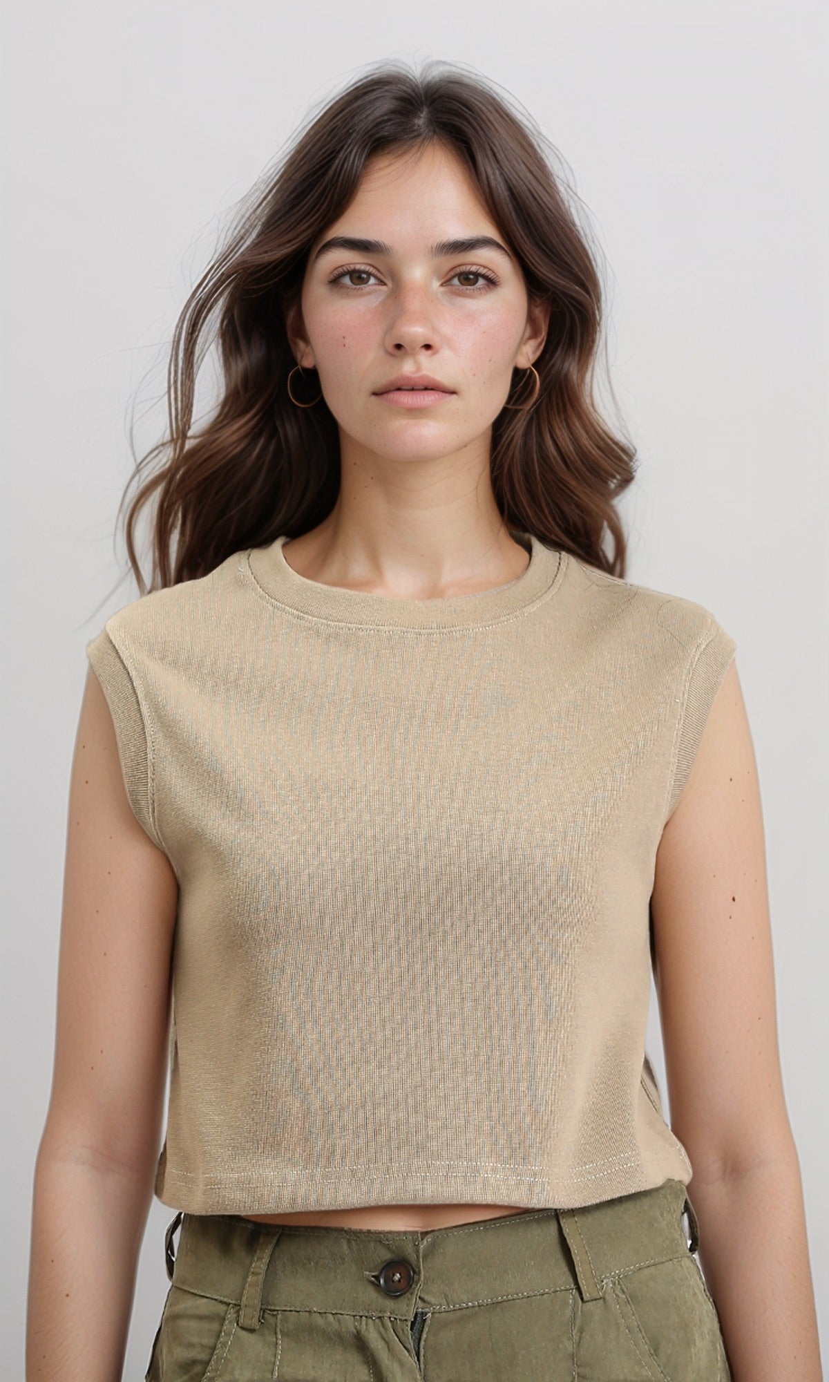 Sleeveless Solid Regular Short Tee - Light Coffee
