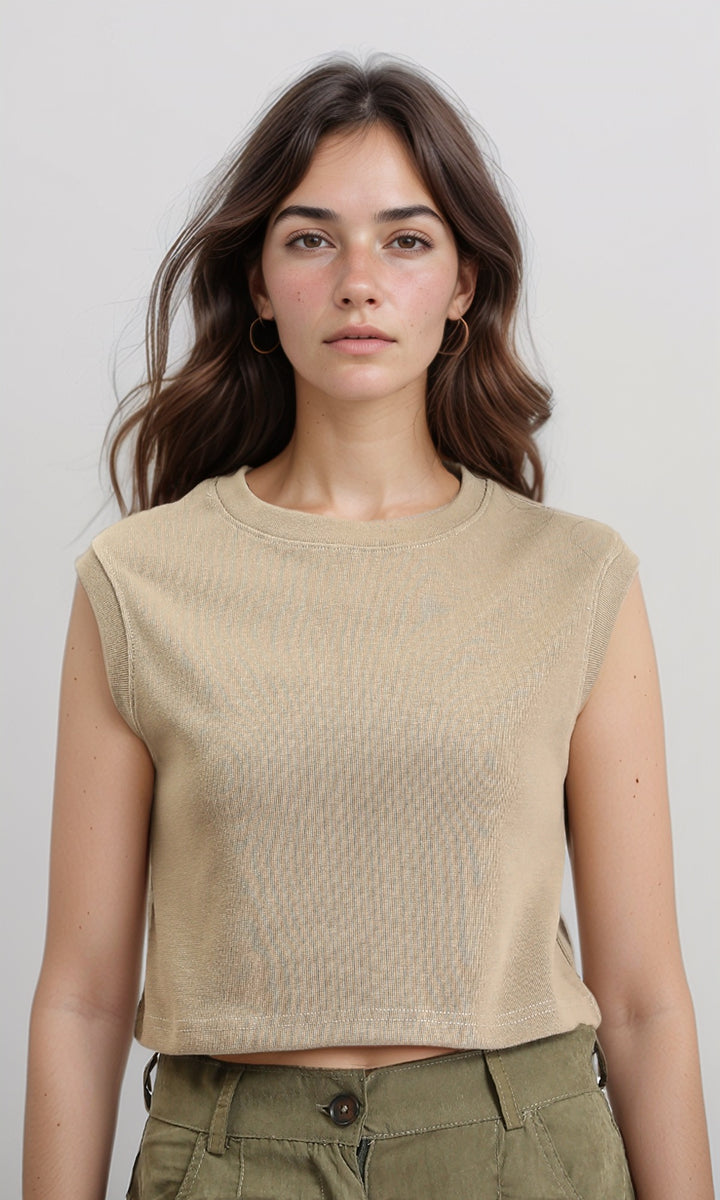 Sleeveless Solid Regular Short Tee - Light Coffee