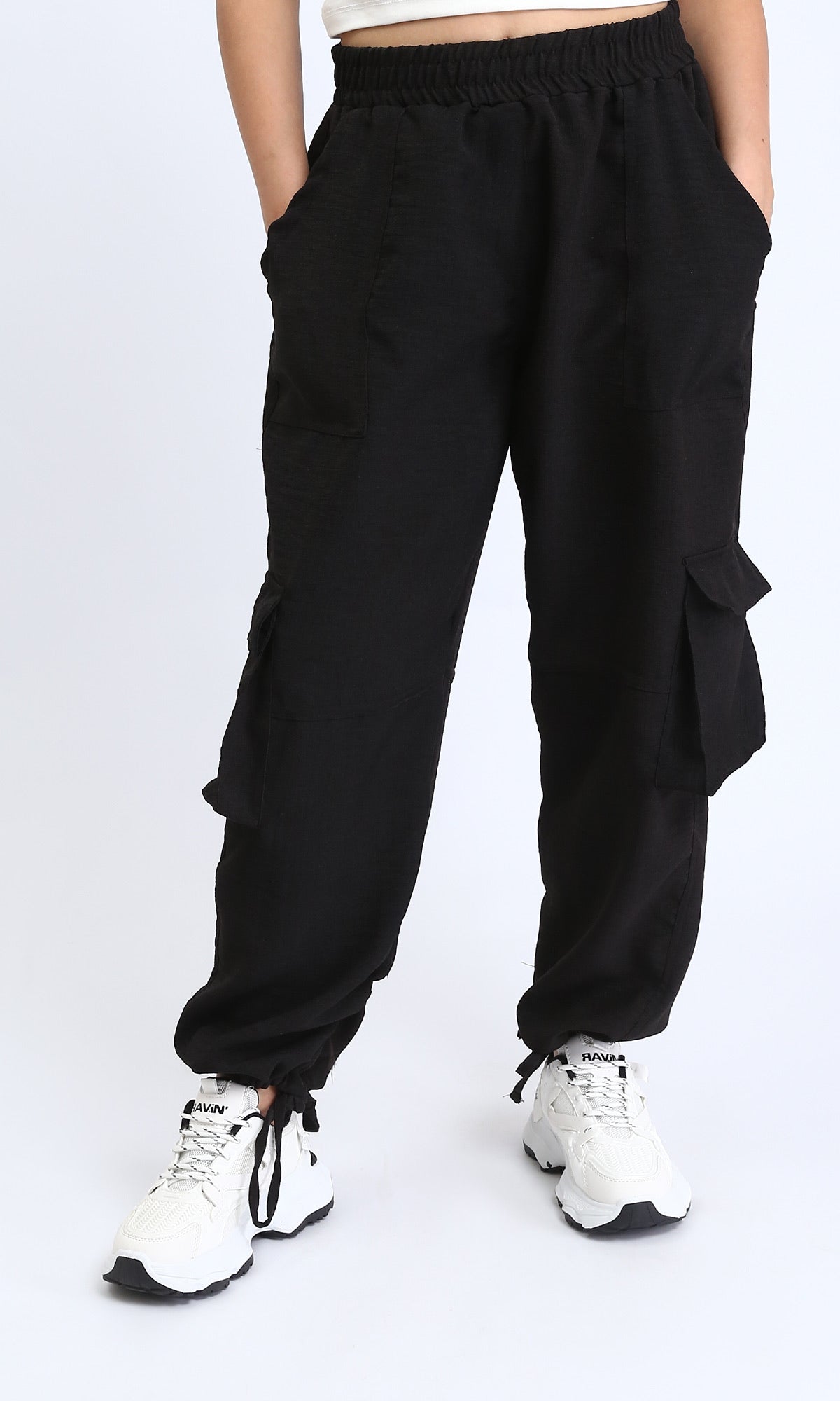 Slip On Cotton Cargo Pants - Black