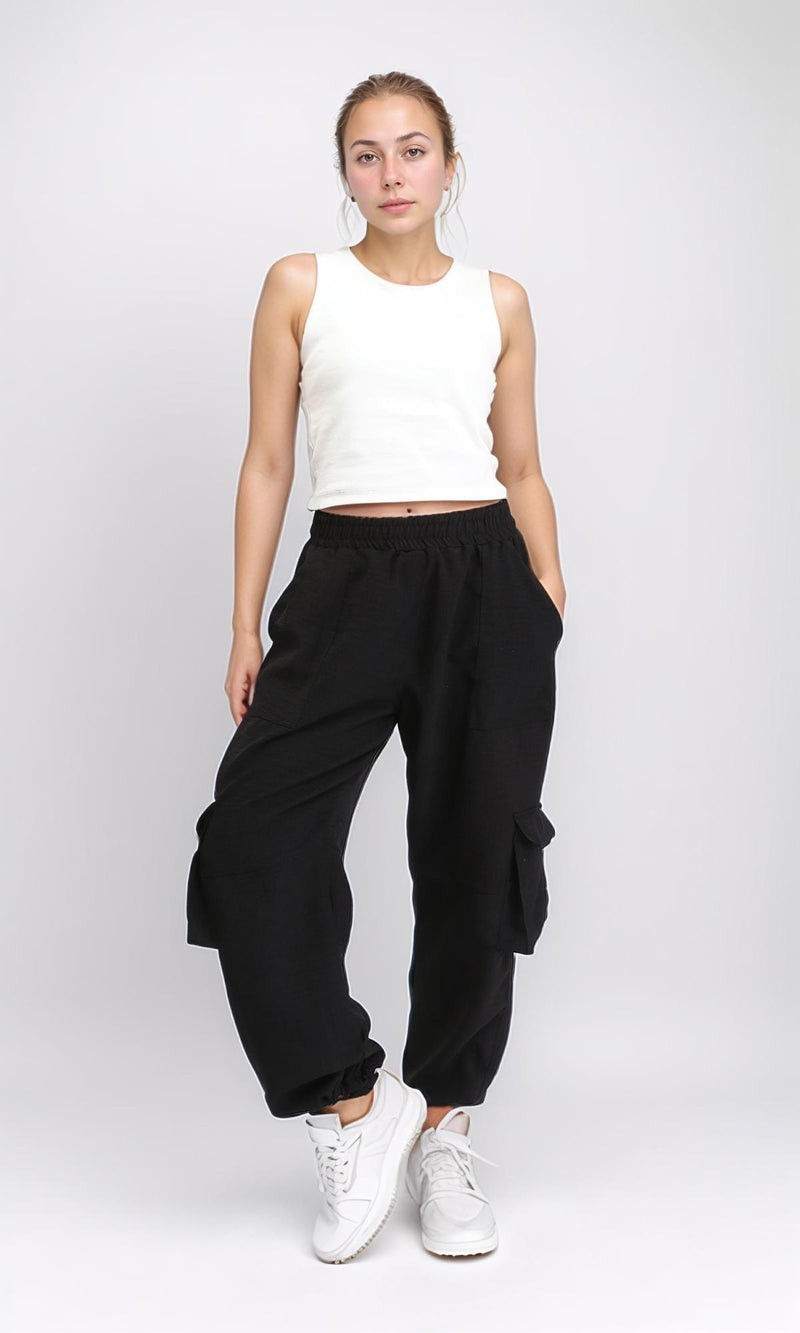 R207246 - Slip On Cotton Cargo Pants - Black