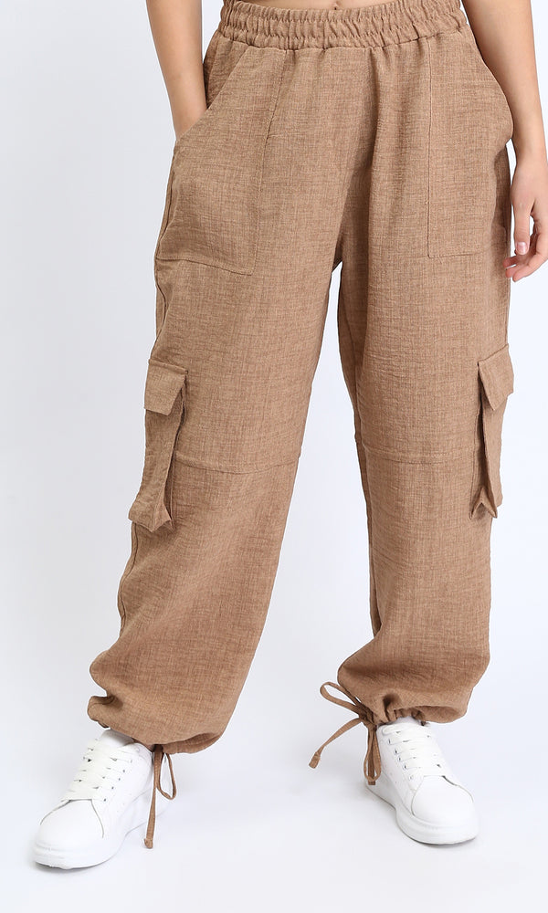 R207247 - Slip On Cotton Cargo Pants - Coffee