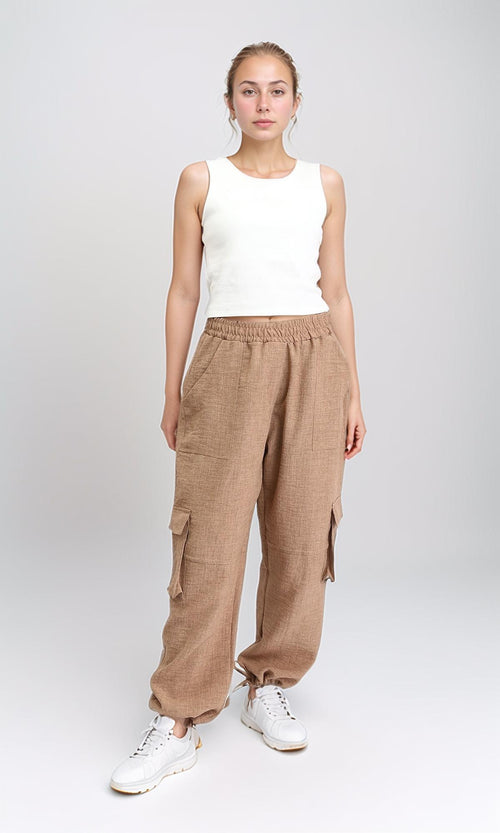 R207247 - Slip On Cotton Cargo Pants - Coffee