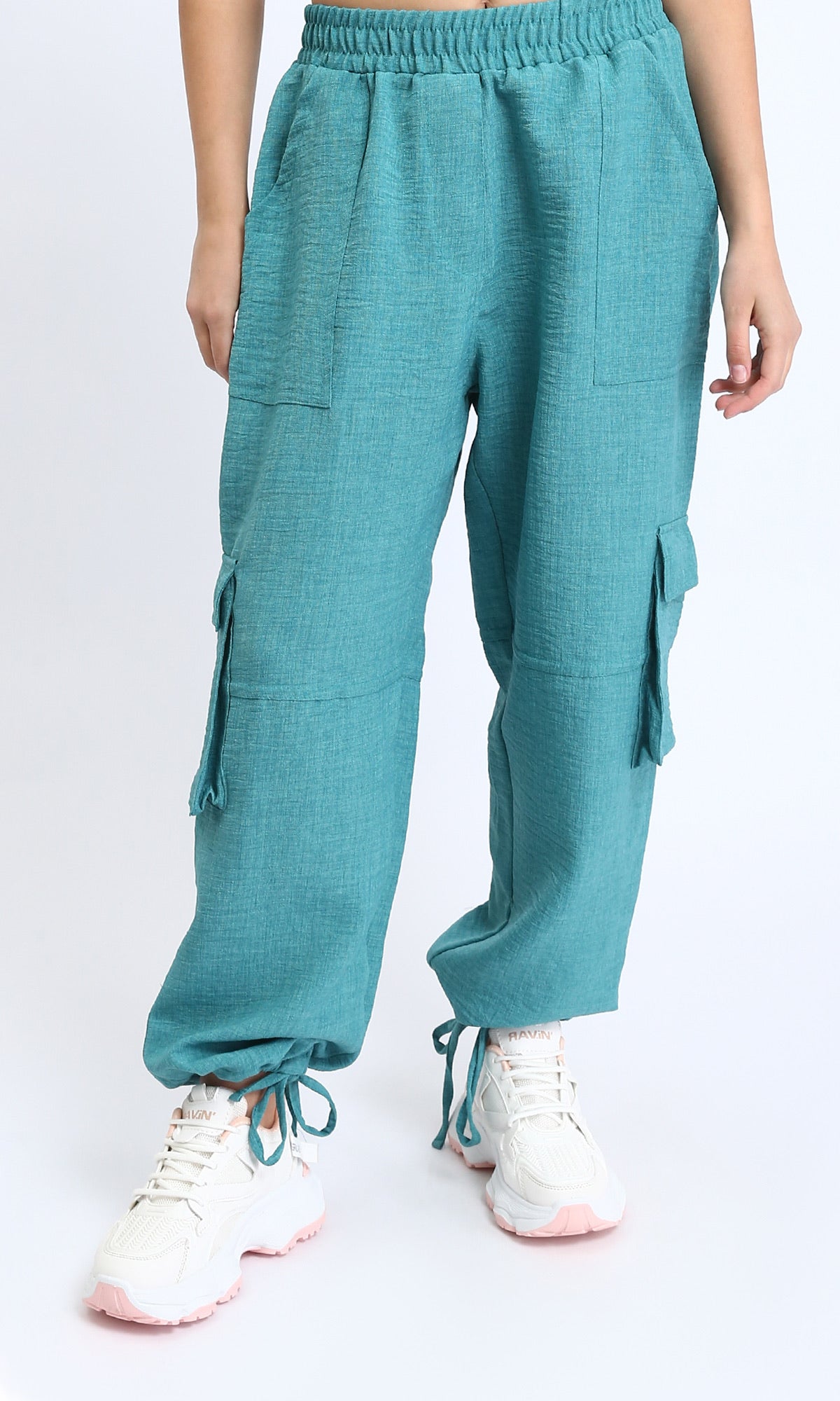 Slip On Cotton Cargo Pants - Light Teal