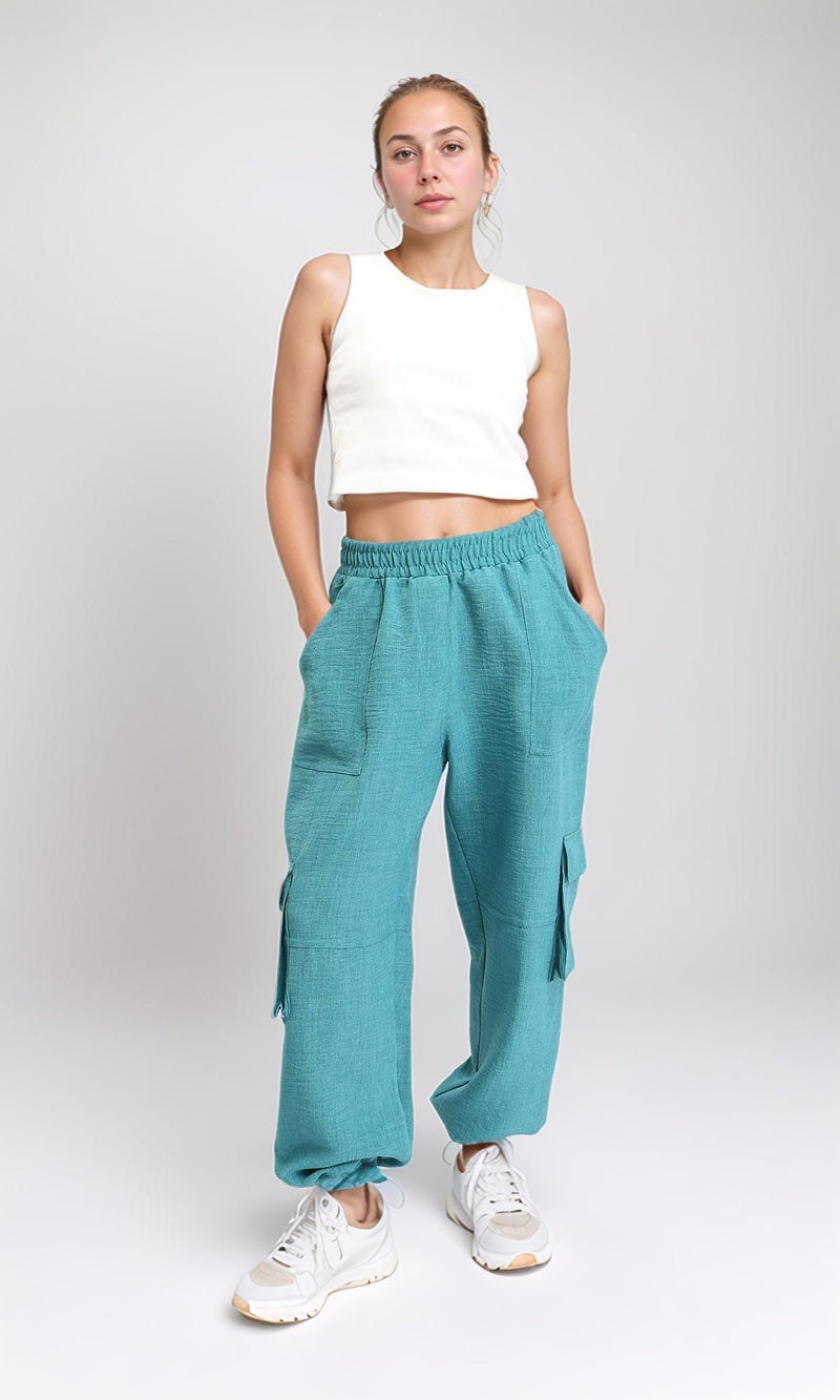 R207248 - Slip On Cotton Cargo Pants - Light Teal