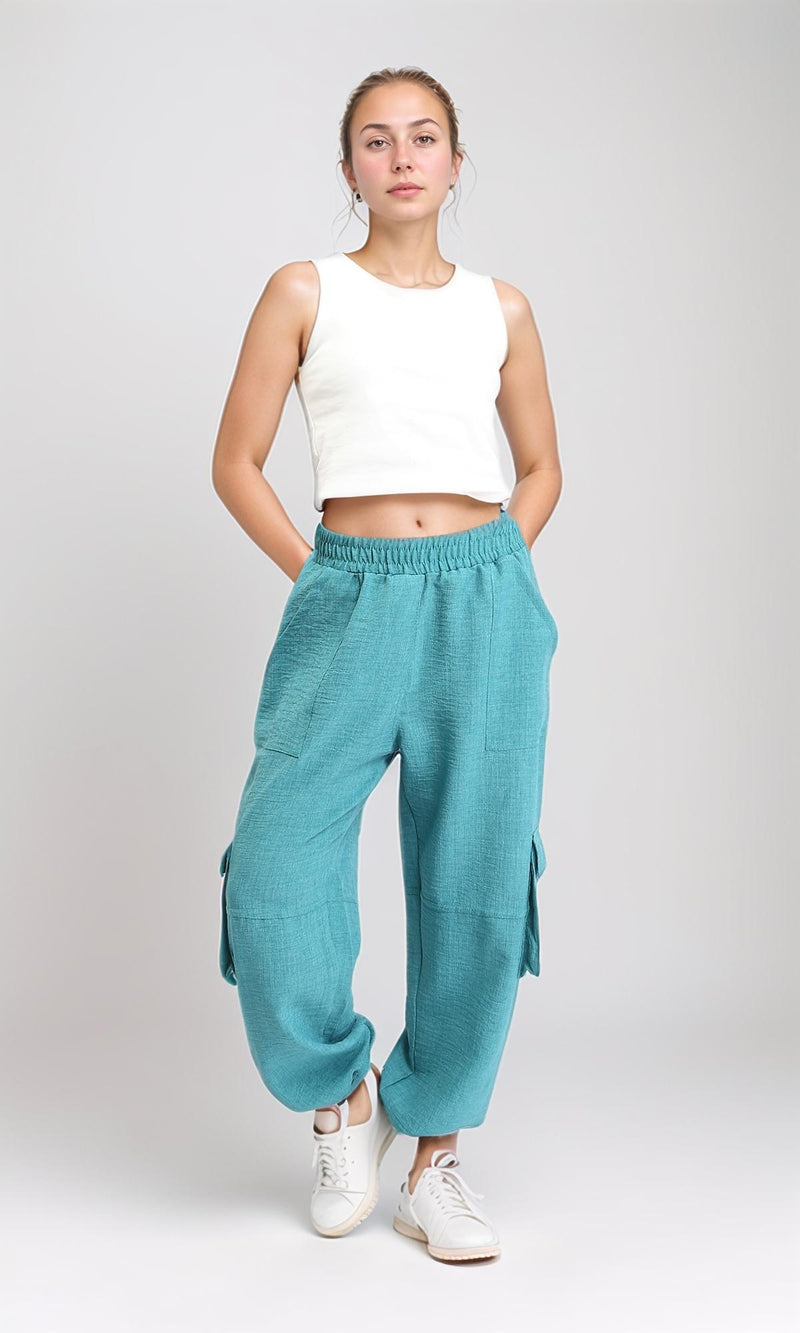 R207248 - Slip On Cotton Cargo Pants - Light Teal