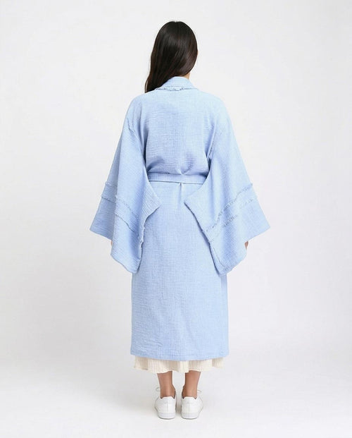 Ravin Fringed Sky Blue Kimono-Style Duster Coat - Light Blue - R207249