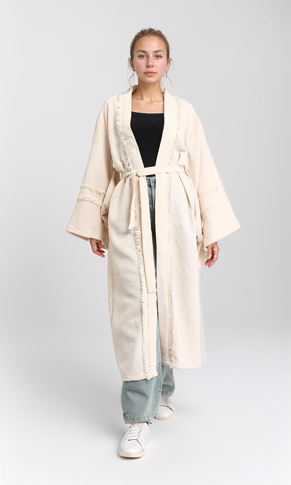 Wide Long Sleeves Textured Cardigan - Beige