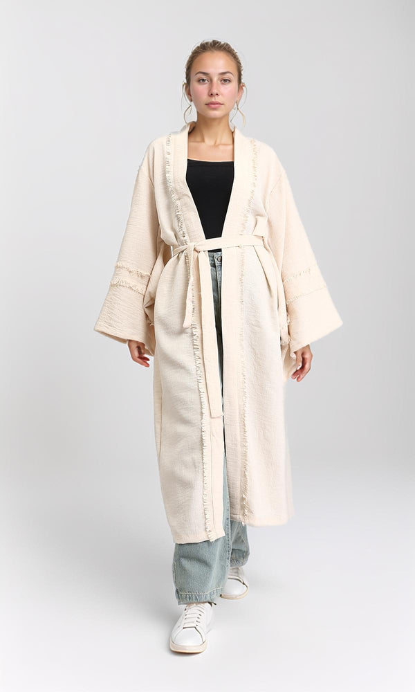 R207251 - Wide Long Sleeves Textured Cardigan - Beige