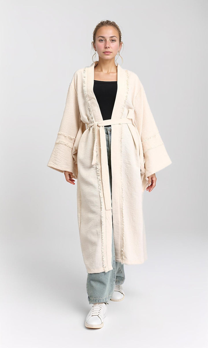 Wide Long Sleeves Textured Cardigan - Beige
