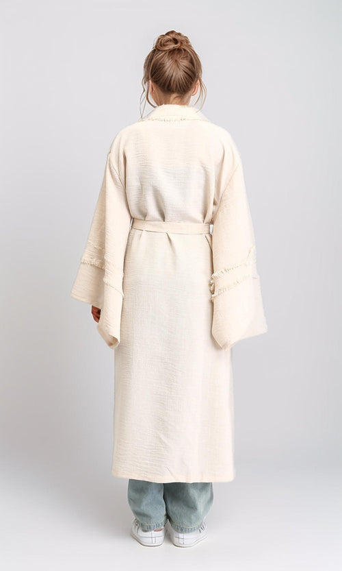 R207251 - Wide Long Sleeves Textured Cardigan - Beige